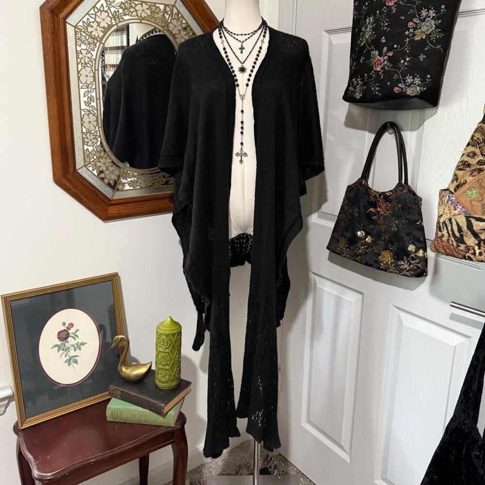 Avenue Black Soft Open Knit Crochet Cascading Witchy Goth Sweater Shawl OS